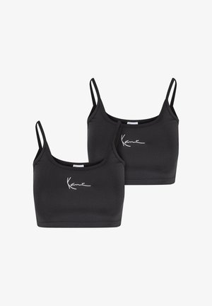 Juodi trumpi marškiniai iš lygaus audinio, su plonomis petnešomis ir balta parašo spauda priekyje. Įtraukti du vienetai.