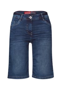 Shorts en denim bleu foncé avec une coupe droite, comportant cinq poches, une fermeture à bouton et une surpiqûre contrastante le long des coutures.