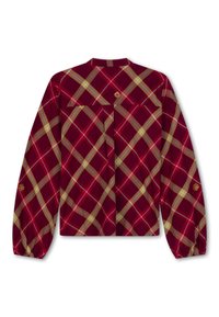 Langarm, geruit shirt in bordeaux met gele en beige lijnen. Bevat een borstzak en subtiele bloemenborduursel op de mouw.