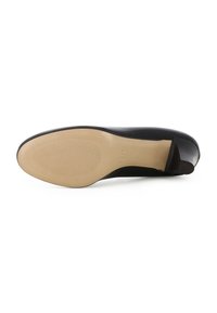 Scarpa da donna in pelle nera con finitura liscia, punta arrotondata e suola in gomma beige con scanalature orizzontali per una migliore aderenza.