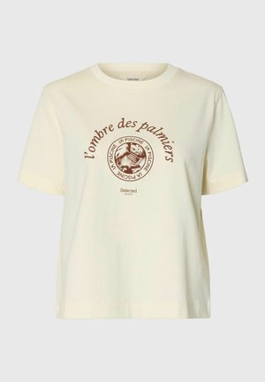 Crèmekleurig T-shirt met korte mouwen met een bruine ronde zwembadafbeelding en Franse tekst "l’ombre des palmiers" en "La Piscine" op de voorkant, merk Selected Maison.