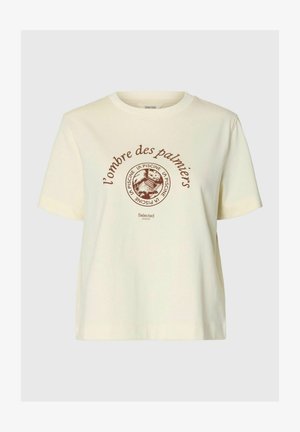 Crèmekleurig T-shirt met korte mouwen met een bruine ronde zwembadafbeelding en Franse tekst "l’ombre des palmiers" en "La Piscine" op de voorkant, merk Selected Maison.