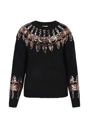 Zwarte gebreide trui met koper- en zilverkleurige pailletten bladerenpatronen rond de halslijn en boorden.