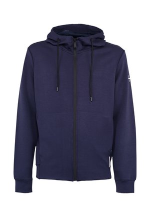Sweat à capuche zippé bleu marine avec cordons noirs, manches longues et petit logo sur le haut du bras gauche, présenté sur fond blanc.