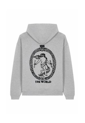 Sweat à capuche gris avec un design graphique noir représentant une silhouette dans un cadre ovale, avec le texte "LE MONDE" en bas.