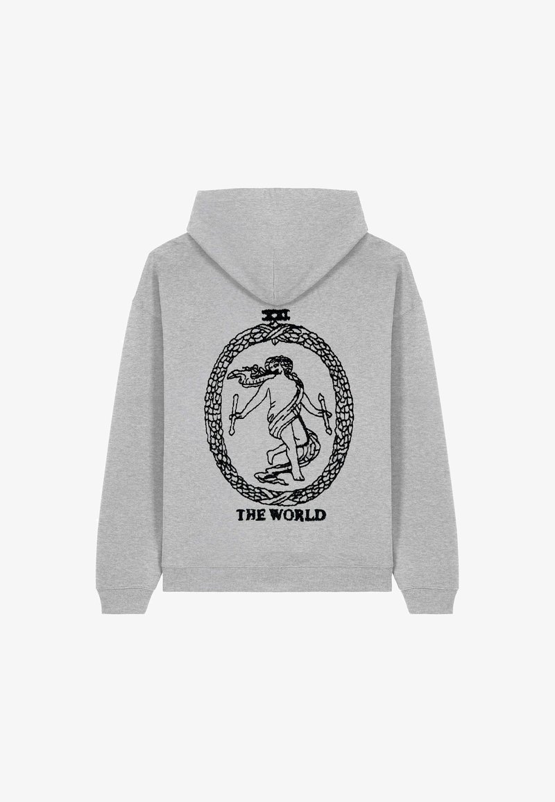 Siv hooded sweatshirt s črnim grafičnim dizajnom figure v ovalnem okviru, s napisom "SVET" na dnu.