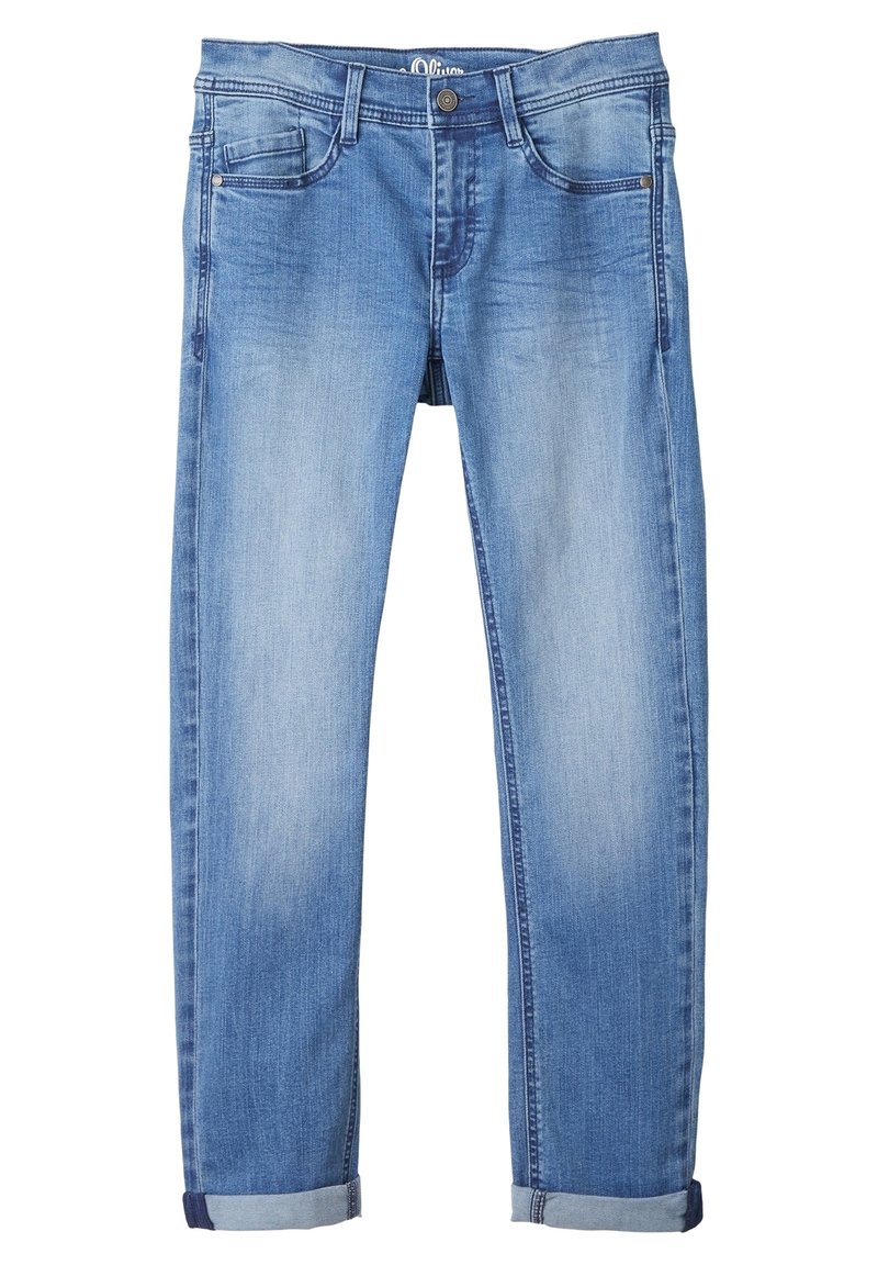 Vaqueros de denim azul claro con un acabado ligeramente desgastado, pierna recta, cinco bolsillos y dobladillos enrollados. Cuenta con un cierre de botón y cremallera.