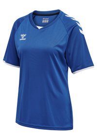Blaues Sport-T-Shirt aus glattem Stoff, mit V-Ausschnitt, kurzen Ärmeln und weißen Akzenten an den Schultern mit Logodetails.