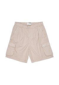 Pantaloni cargo beige realizzati in tessuto leggero, dotati di un cinturino elastico, due tasche laterali e una tasca cargo laterale con pattina.