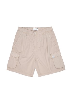 Pantaloni cargo beige realizzati in tessuto leggero, dotati di un cinturino elastico, due tasche laterali e una tasca cargo laterale con pattina.