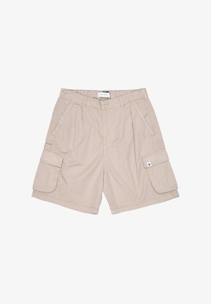 Pantaloni cargo beige realizzati in tessuto leggero, dotati di un cinturino elastico, due tasche laterali e una tasca cargo laterale con pattina.