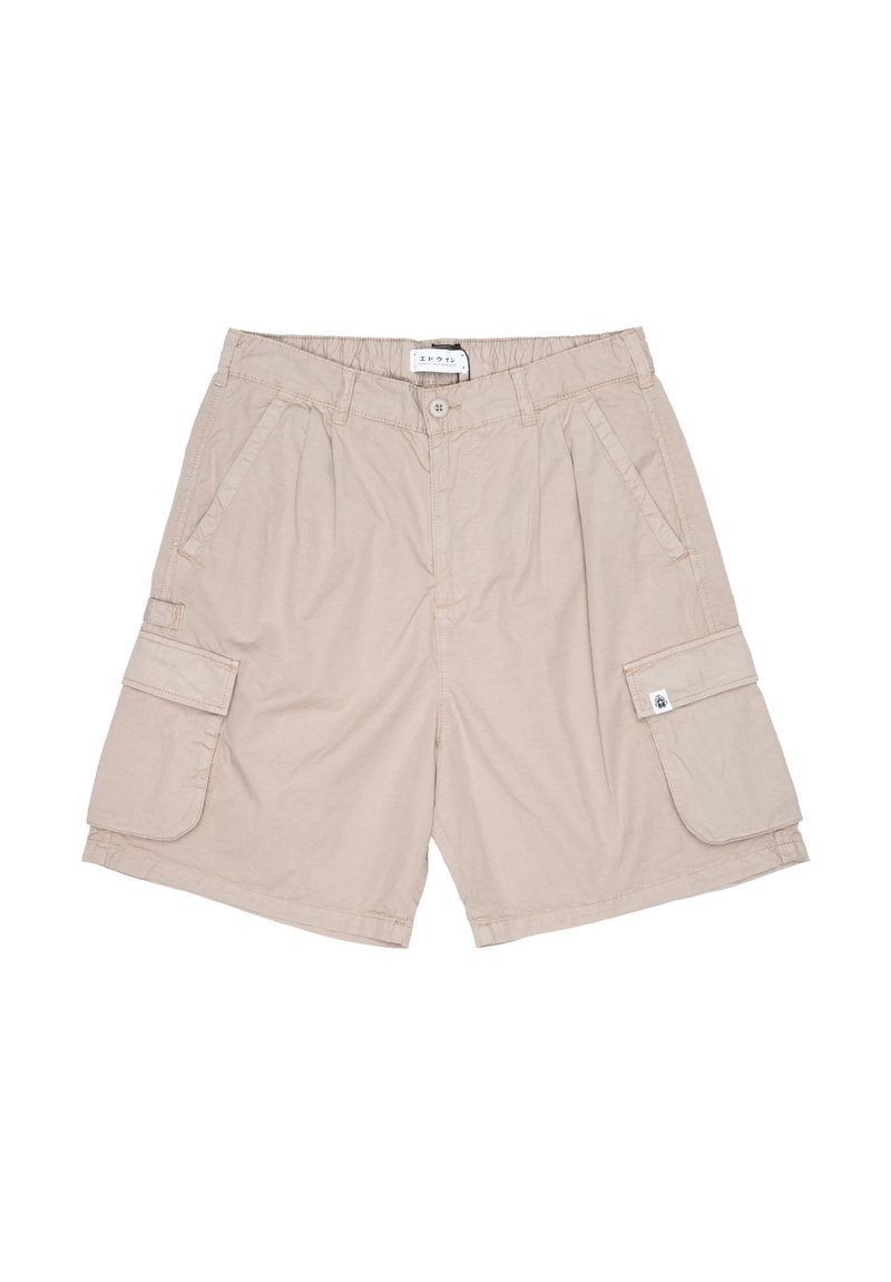 Pantaloni cargo beige realizzati in tessuto leggero, dotati di un cinturino elastico, due tasche laterali e una tasca cargo laterale con pattina.