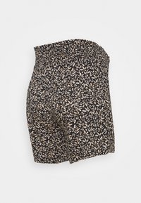 Černé šortky s malým vzorem béžových a bílých listů a staženým elastickým páskem, zobrazené na bílém pozadí.