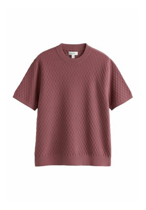 Short-sleeve, round-neck woven top in dusty rose, featuring a textured pattern. Material appears soft and lightweight with a relaxed fit.