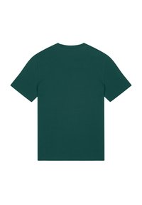 Korte mouwen t-shirt van teal katoen. Beschikt over een ronde hals en een gladde textuur. Eenvoudige, effen kleur zonder patronen of accenten.