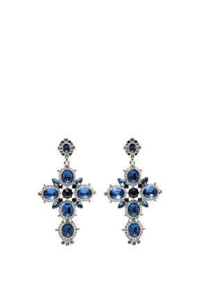 Paire de boucles d'oreilles en argent en forme de croix avec de grandes pierres précieuses bleues ovales et petites en forme de marquise, et des pierres centrales noires.