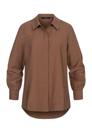 Brown button-up shirt with a collar, long sleeves with gathered cuffs, and a smooth texture. Straight silhouette with a rounded hem.