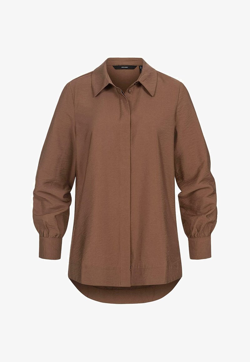 Pruun nööbid üles särk, millel on krae, pikad varrukad koos kogutud mansettidega ja sile tekstuur. Sirge siluett ümmarguste äärtega.