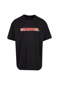 Black cotton t-shirt featuring the word "DEADPOOL" in bold red letters across the chest, with a round neckline and short sleeves.