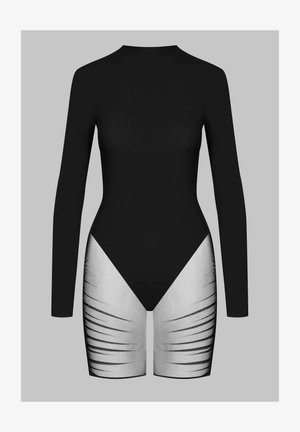 Bodysuit noir à manches longues et col montant ; présente des accents texturés gris sur la moitié inférieure avec un motif rayé.