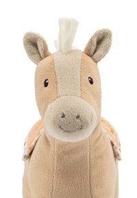 Stuffed horse toy with a soft beige and cream exterior, black button eyes, and a textured mane. Features a patterned saddle in floral design.
