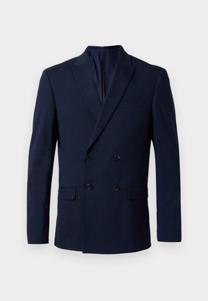 Marineblå dobbeltspent blazer med to svarte knapper, notched lapels og doble lommer; laget av glatt stoff, skreddersydd passform.
