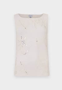Top senza maniche color crema con ricami floreali e accenti metallici. Scollatura quadrata, texture liscia e dettagli decorativi in tutto il capo.