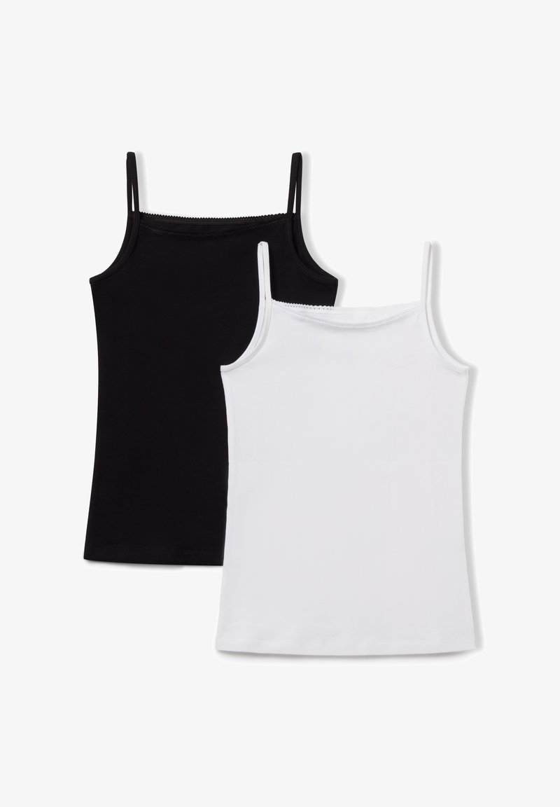 Due camicette in cotone, una nera e una bianca, con spalline sottili e una delicata rifinitura in pizzo lungo il collo. Texture liscia.