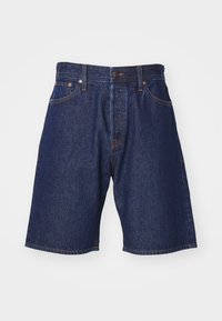 Shorts in denim blu scuro con vestibilità ampia, design classico a cinque tasche, cuciture a contrasto e chiusura con bottone in metallo in vita.