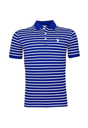 Modro-bíle pruhované polo tričko s krátkým rukávem, s třemi bílými knoflíky a malým bílým logem koně na hrudi.