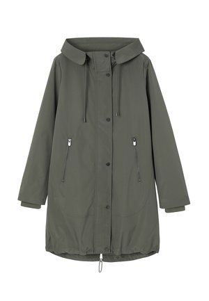Dolgi olivno zeleni dežni plašč s širokim ovratnikom, sprednjimi sponkami na pritiskače, z zategovalno kapuco, žepki z zadrgo in nastavljivim spodnjim robom z vrvico.