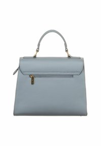 Sac à main en cuir texturé bleu clair avec poignée supérieure, forme rectangulaire et poche avant zippée avec tirette de fermeture éclair dorée.