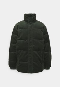 Chaqueta verde acolchada con cuello alto, con diseño de acolchado, puños elásticos y bolsillos laterales. Tejido suave y texturizado.