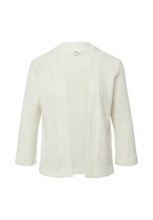 Witte open-front cardigan met driekwart mouwen en gestructureerde gebreide stof.