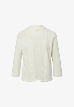 Cardigan bianco aperto sul davanti con maniche a tre quarti e tessuto a maglia strutturata.