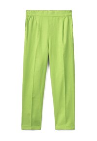 Gröna linnebyxor med elastisk midja, rak benmodell och utan synliga fickor eller knäppningar. Slät textur och lätt tyg.