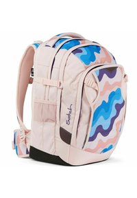 Pink fabric backpack featuring wavy blue and pastel patterns. Includes adjustable straps, side mesh pocket, and a black bottom base.