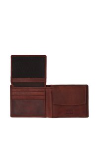 Braune Lederbörse mit strukturiertem Finish, ausgestattet mit mehreren Kartenfächern, einem transparenten Ausweisfach und einer Klappe für Bargeld oder zusätzliche Karten.