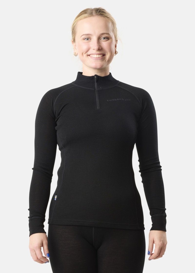 Black long-sleeve zip-up top made from a stretchy material with a mock neck, featuring seam detailing and a small logo on the front.