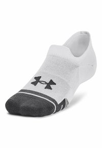 Weiße tiefe Sportsocke mit schwarzem Zehenbereich und schwarzem Under Armour-Logo auf der Vorderseite.