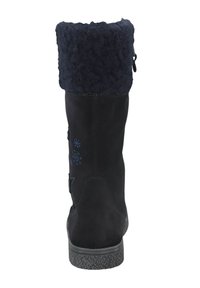 Black suede ankle boot with a textured navy fur cuff, side fasteners, and blue floral embroidery. Rubber sole with a patterned tread.