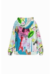 Hoodie med huva som har ett livfullt blommigt och grafiskt tryck i nyanser av blått, rosa, grönt och lila. Mjuk tyg och avslappnad passform.