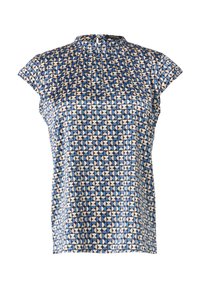 Kurzarmbluse in blau und creme mit geometrischem Muster. Aus leichtem Stoff gefertigt, mit Stehkragen und zarten Falten am Ausschnitt.