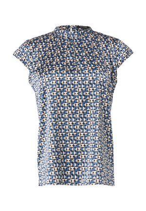 Blouse à manches courtes dans un motif géométrique bleu et crème. Fabriquée en tissu léger, avec un col montant et de subtils plis au niveau de l'encolure.