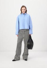 Camicia azzurra con bottoni e tasca sul petto; pantaloni a righe bianchi e neri a gamba larga; borsa nera; texture morbide; scarpe attillate.