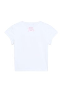 T-shirt en coton blanc à manches courtes avec le texte brodé en rose "Love Juicy" au dos. Coupe simple et décontractée avec un col rond.
