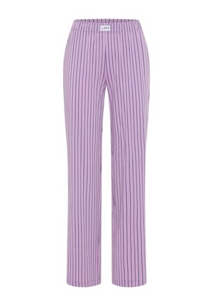 Lila broek met rechte pijpen, voorzien van dunne verticale zwarte strepen en een elastische tailleband met een klein wit LSCN-label in het midden vooraan.