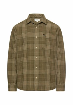 Olijfgroen geruit overhemd met lange mouwen, knoopsluiting, kraag en een borstzak met een klein logoplaatje.