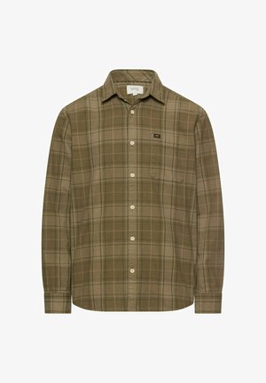 Langärmliges Hemd mit Knöpfen in olivgrünem Karo, mit Kragen und Brusttasche, die ein kleines Logopatch aufweist.