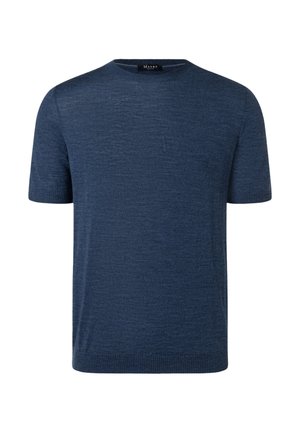 Granatowy męski sweter z krótkim rękawem, o okrągłym dekolcie, dzianinowy, z prążkowanymi ściągaczami na rękawach i dole, z metką marki wewnątrz kołnierza.